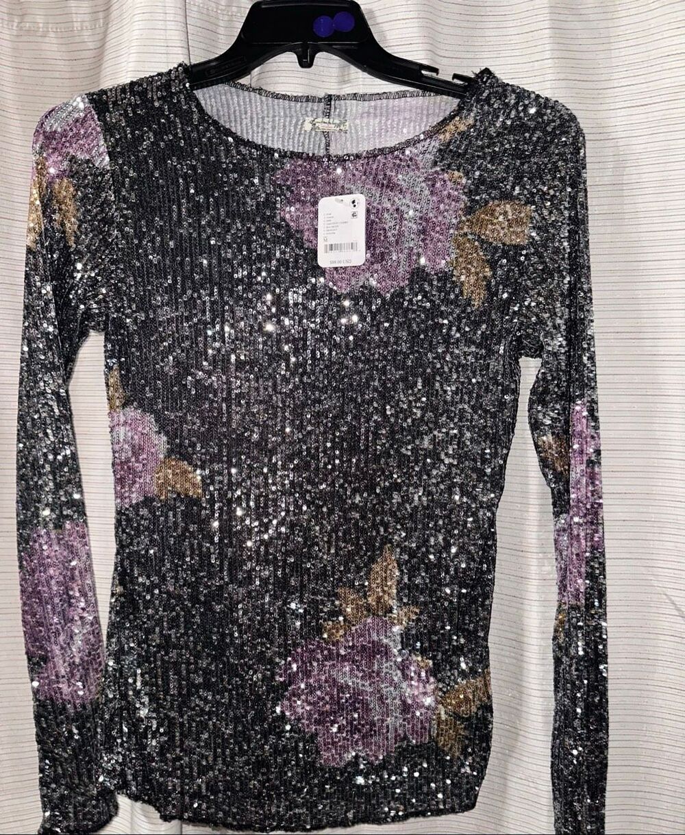 Free People Gold Rush Long Sleeve top, sequin finish with a bold floral print M
